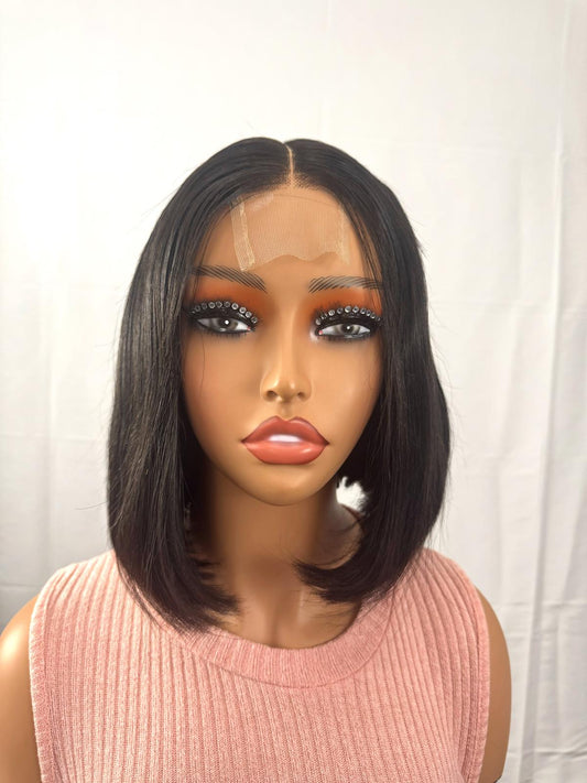 Virgin Hair Bob Wig , Natural Black  - 10 Inches  2x6 , 200% Density